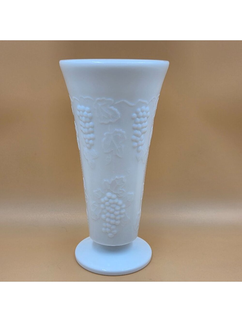 Colony Harvest Milk Glass Grape and Leaf 7 Inch Flower Vases